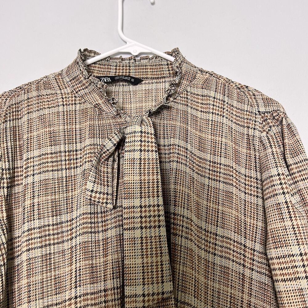 Zara Women's plaid pleated blouse high collar tie bow Blouse Sz M Babydoll - Picture 2 of 14